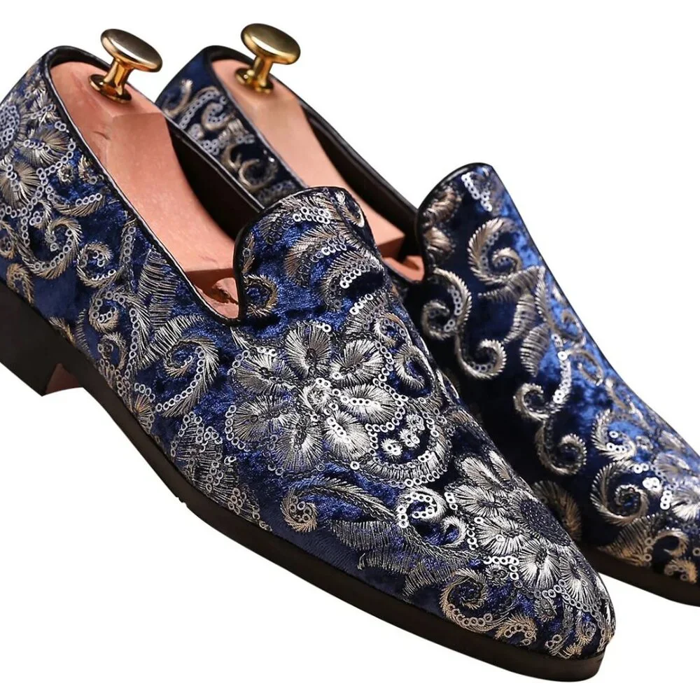 Santimon Men's US 6-12.5 Blue Velvet Silver Stitching Smoking Loafers Shoes  Ple